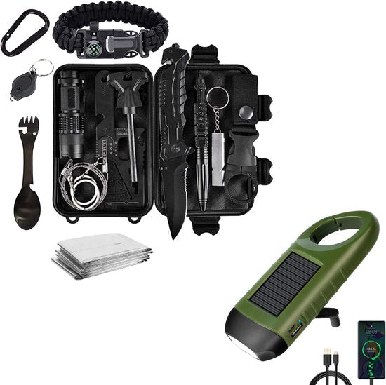 Emergency survival kit 15-in-1 with tactical tools, flashlight, and waterproof box