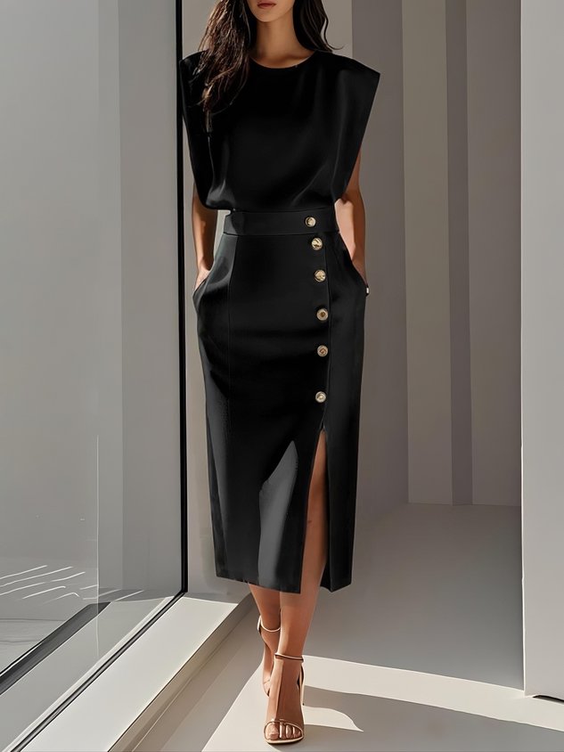 Women's structured midi dress with round neckline and button slit detail