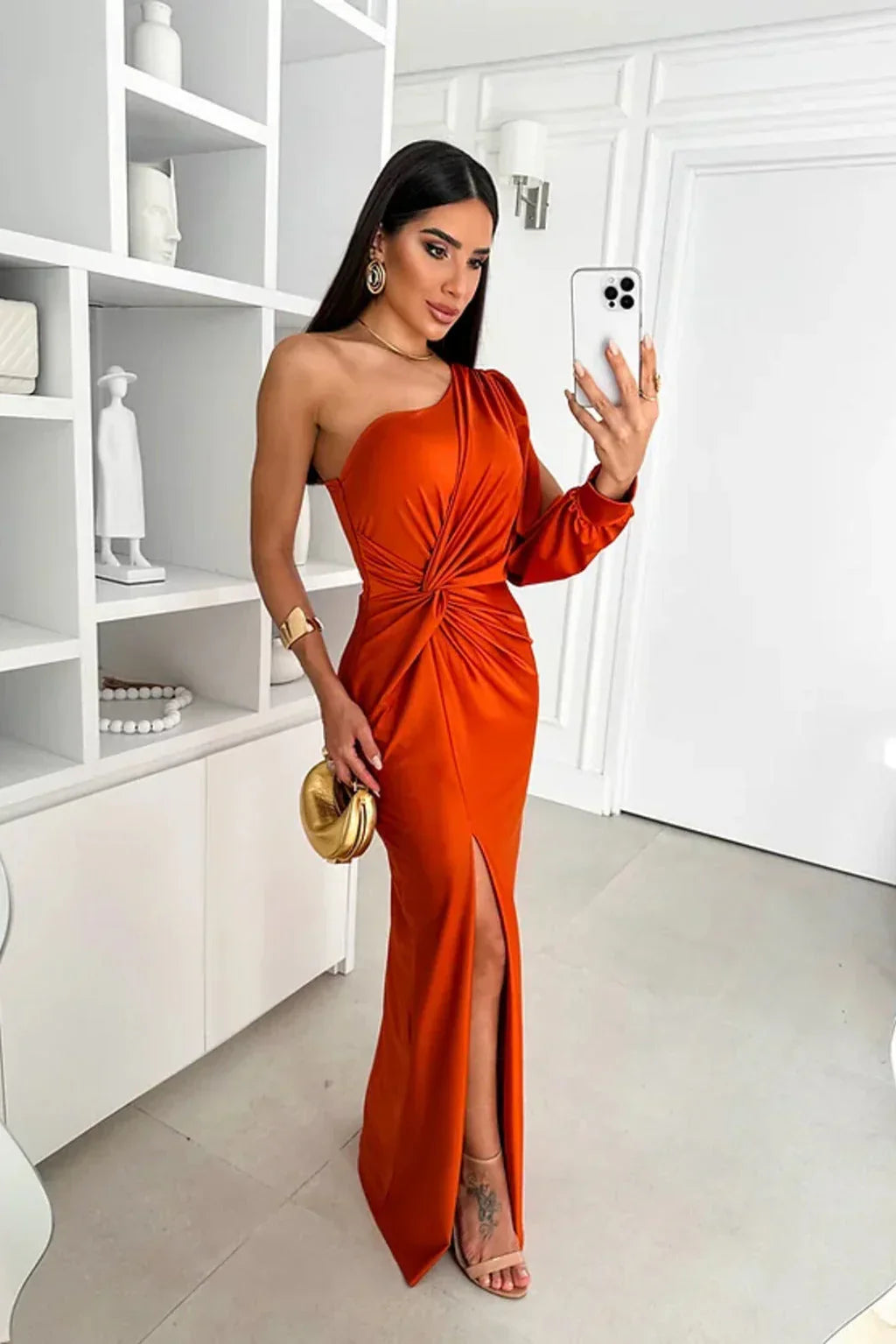 One-shoulder satin maxi evening dress with high slit and ruched draping