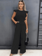 Women's wide leg jumpsuit with butterfly sleeves and belt, elegant summer one-piece