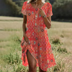 Women orange midi dress round neck short sleeve lightweight breathable