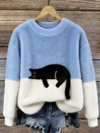 Women knit jumper colour block with black cat motif relaxed fit