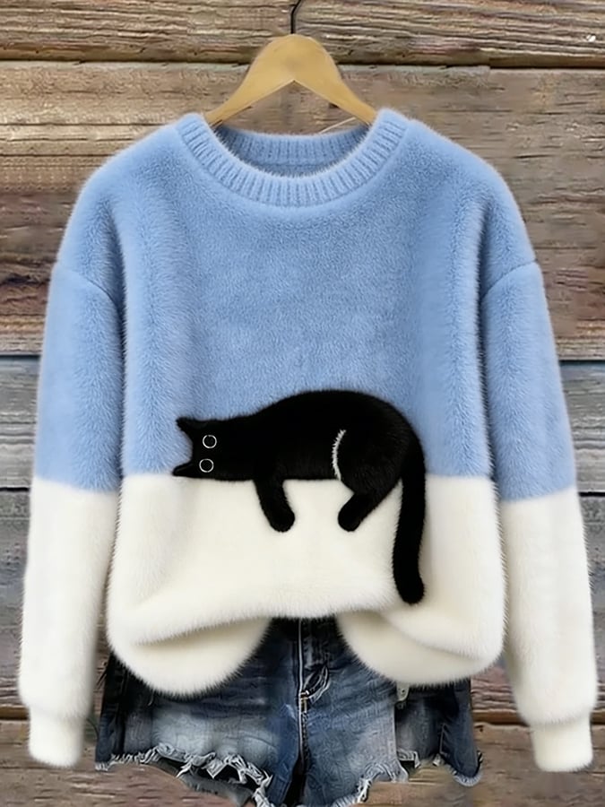 Women knit jumper colour block with black cat motif relaxed fit