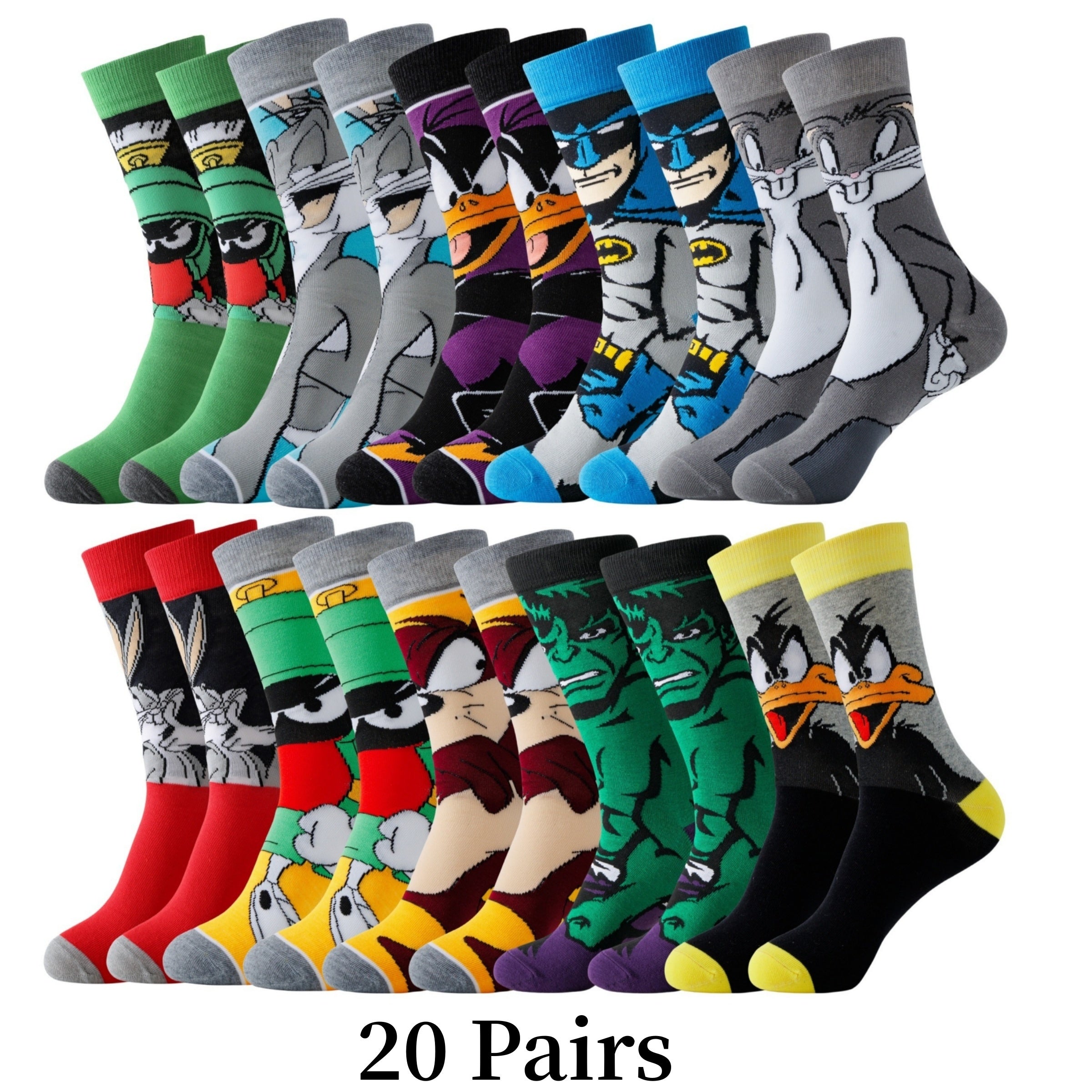 Cartoon socks set with superhero and animated character designs, ankle length