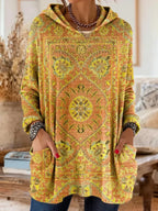 Women cotton blend hoodie ethnic print tunic length relaxed fit