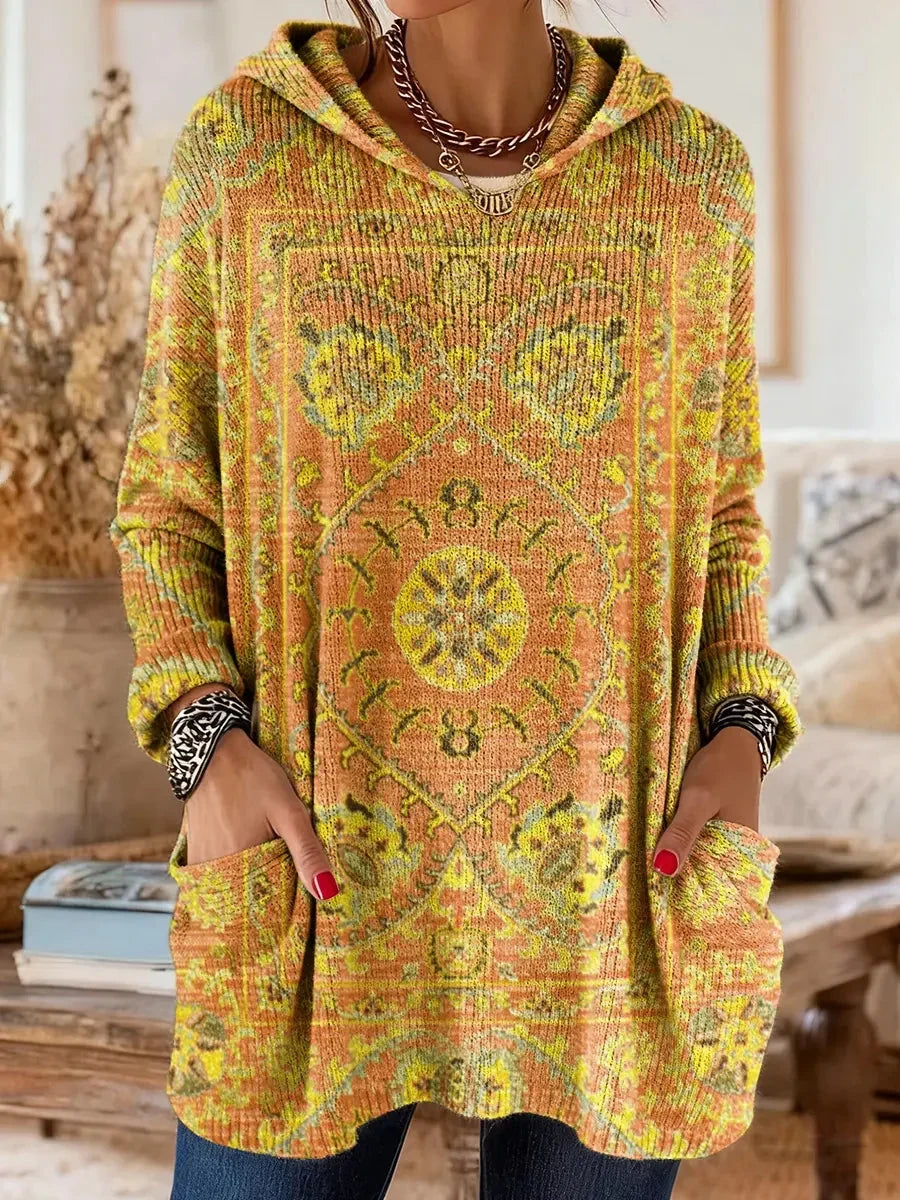 Women cotton blend hoodie ethnic print tunic length relaxed fit