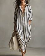 Women's striped maxi dress in blue with lapel collar, casual spring summer style