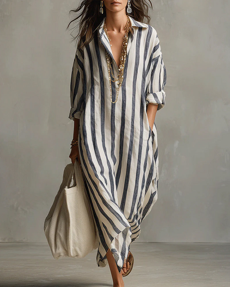 Women's striped maxi dress in blue with lapel collar, casual spring summer style