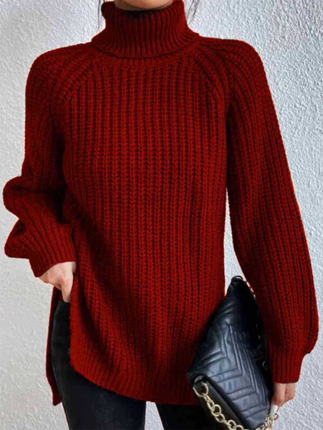 Women ribbed knit turtleneck sweater with side slit hem, autumn winter