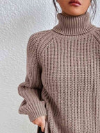 Women ribbed knit turtleneck sweater with side slit hem, autumn winter