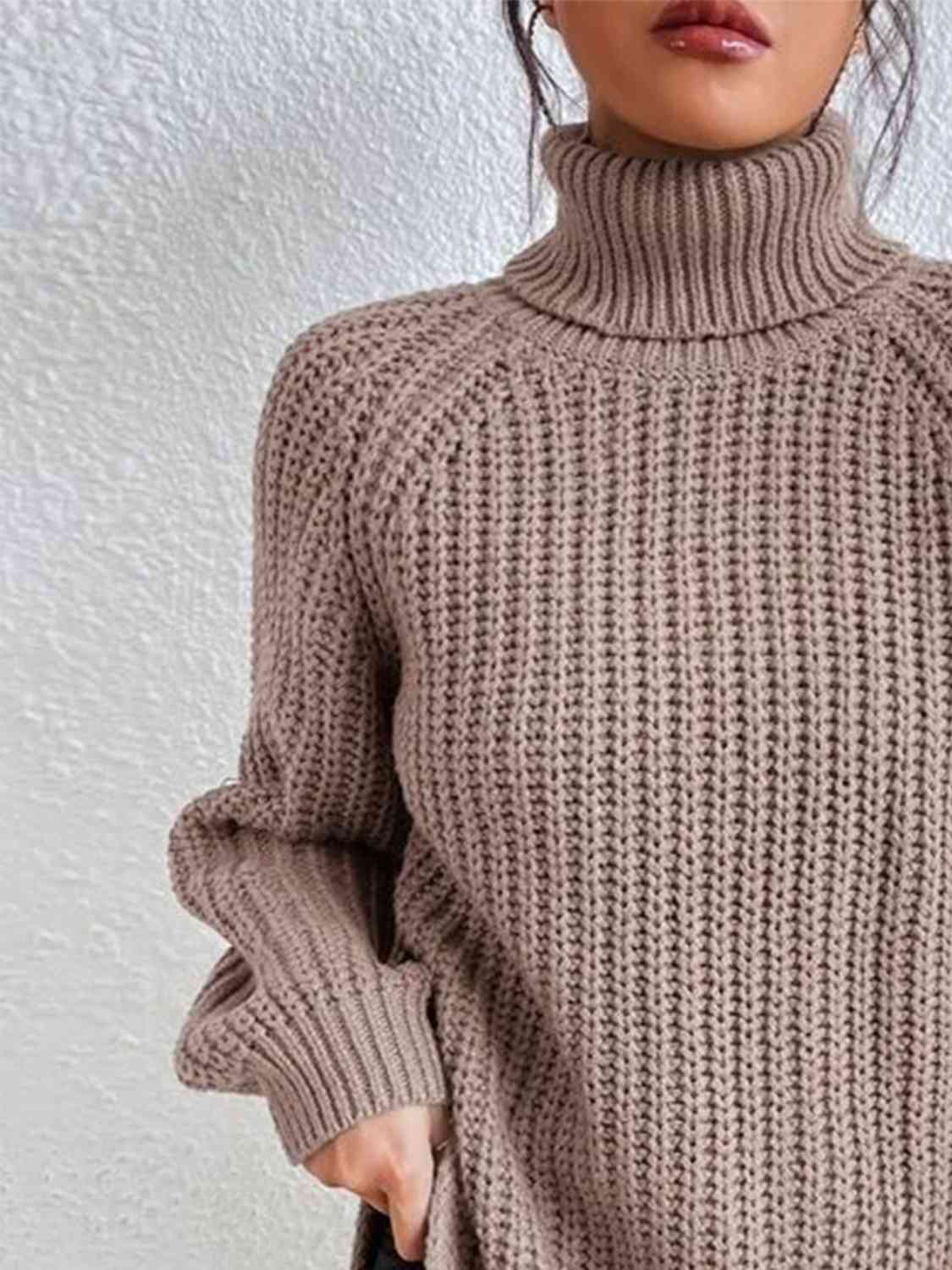 Women ribbed knit turtleneck sweater with side slit hem, autumn winter