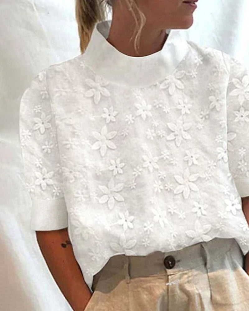 Women floral embroidered high neck blouse short sleeve relaxed fit