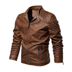 Men's faux leather biker jacket with ribbed sleeves and fleece lining, slim fit