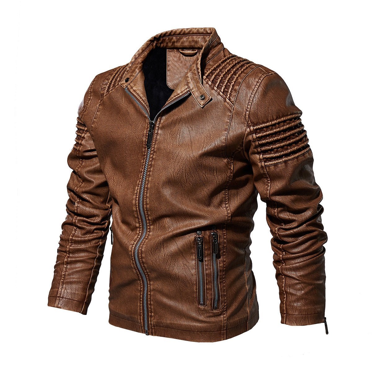 Men's faux leather biker jacket with ribbed sleeves and fleece lining, slim fit