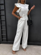 Women's wide leg jumpsuit with butterfly sleeves and belt, elegant summer one-piece