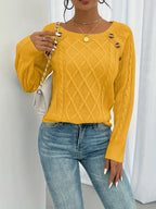 Women's winter cable knit pullover sweater with decorative button detail