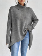 Women knit sweater high neck asymmetric hem relaxed fit