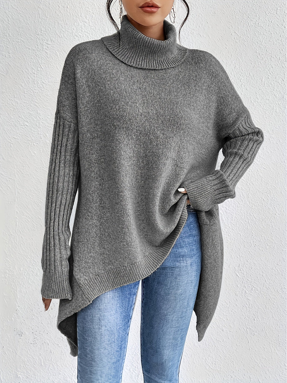 Women knit sweater high neck asymmetric hem relaxed fit