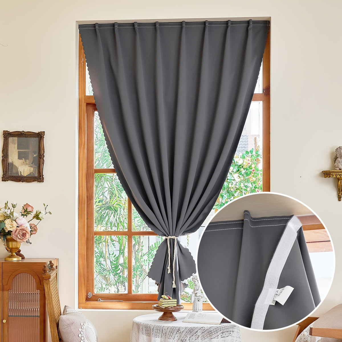 Blackout curtains self-adhesive hook and loop cordless for bedroom and living room