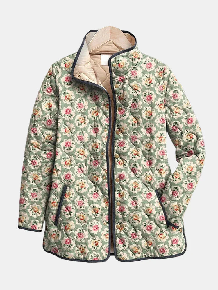 Women quilted jacket vintage floral art print multicolour lightweight