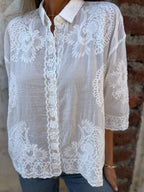 Women lace embroidered blouse in white, delicate floral embroidery feminine top