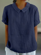 Women short sleeve blouse with open collar in soft woven fabric