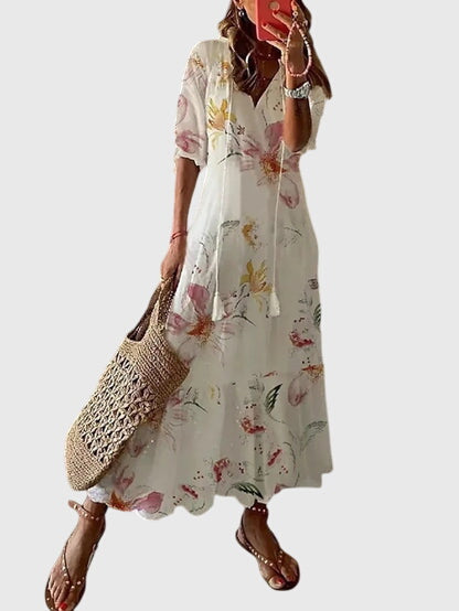Boho summer dress with V-neckline, vintage bohemian style, lightweight and breezy