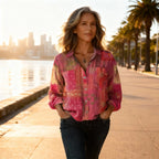 Women's cotton blouse with vintage print and long sleeves, relaxed fit summer shirt
