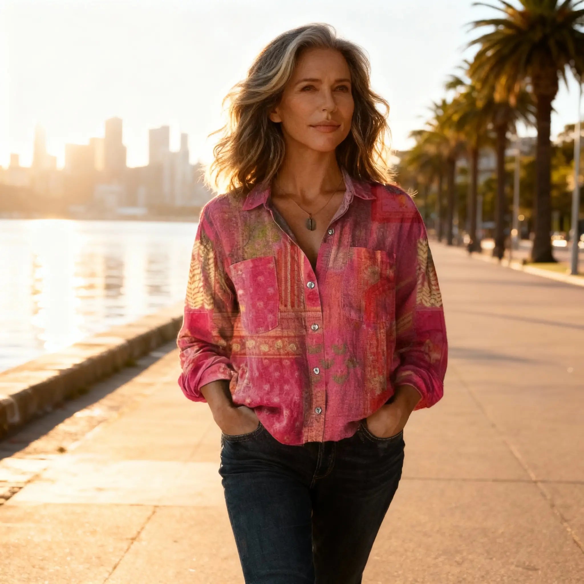 Women's cotton blouse with vintage print and long sleeves, relaxed fit summer shirt