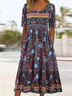 Women's boho printed square neck short sleeve midi dress in multicolor pattern