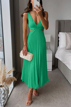 Satin midi dress with pleated flowing silhouette, women's evening wear