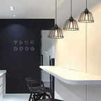 Industrial chandelier black iron cage LED retro style 1 or 3 light pendant
