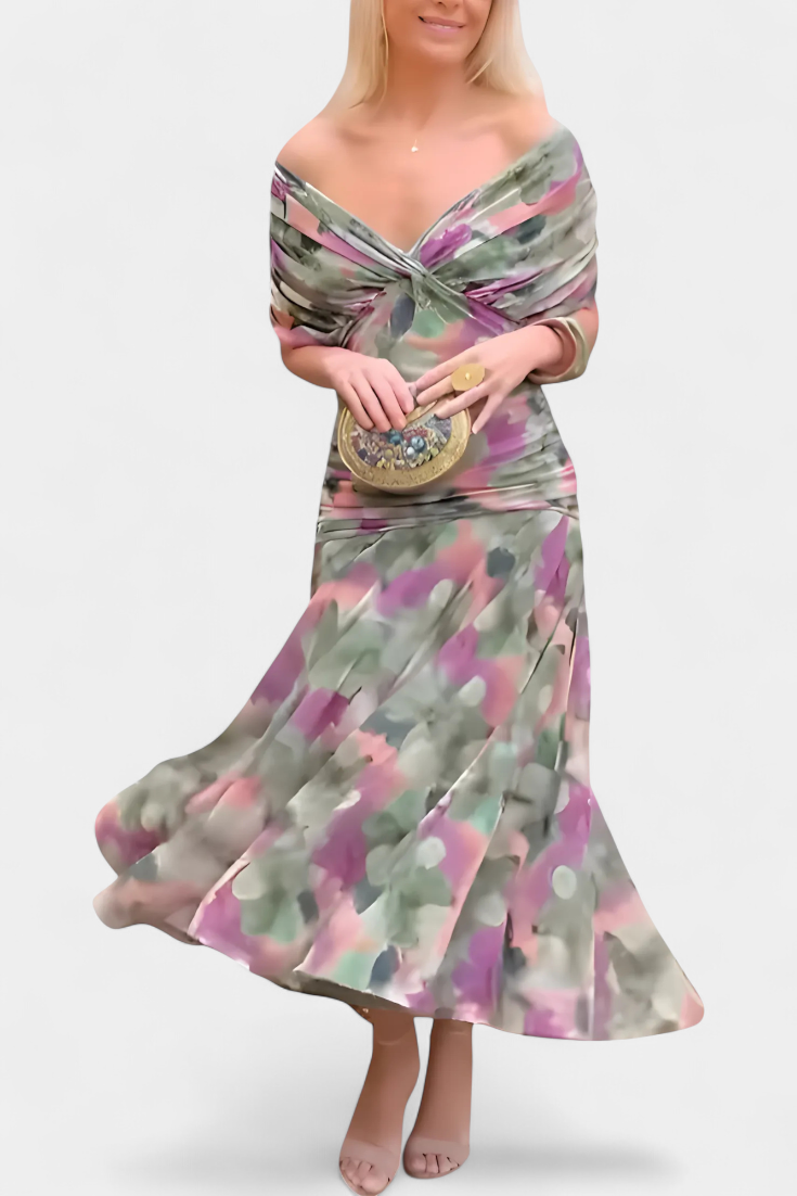 Women's floral midi dress with V-neckline and pleated waist, elegant long flowing skirt