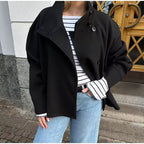 Women's short double-breasted coat in black, navy, beige and dark grey, classic fit