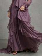 Women tie neck ruffle tiered maxi dress long sleeve purple flowing