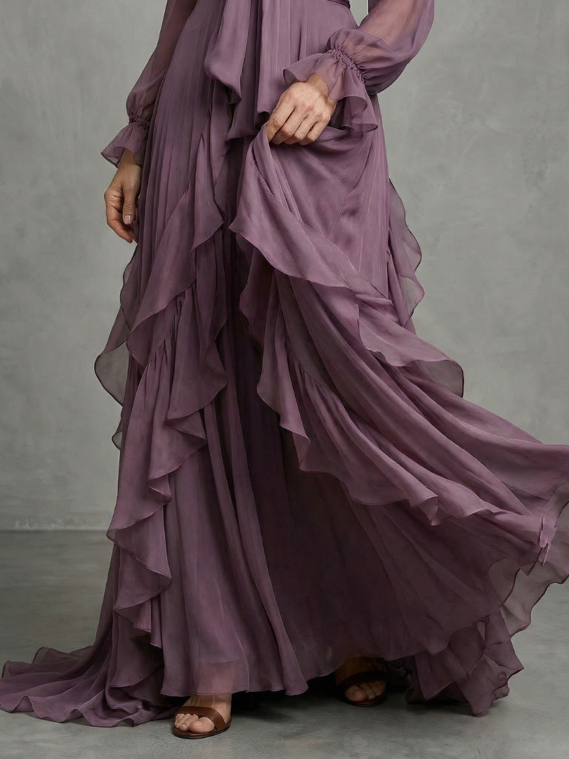 Women tie neck ruffle tiered maxi dress long sleeve purple flowing