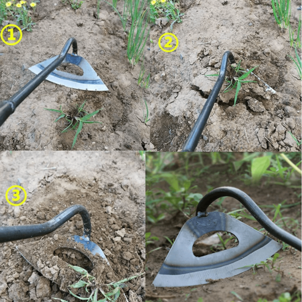 Steel hollow hoe garden tool with shovel-shaped head and ergonomic grip