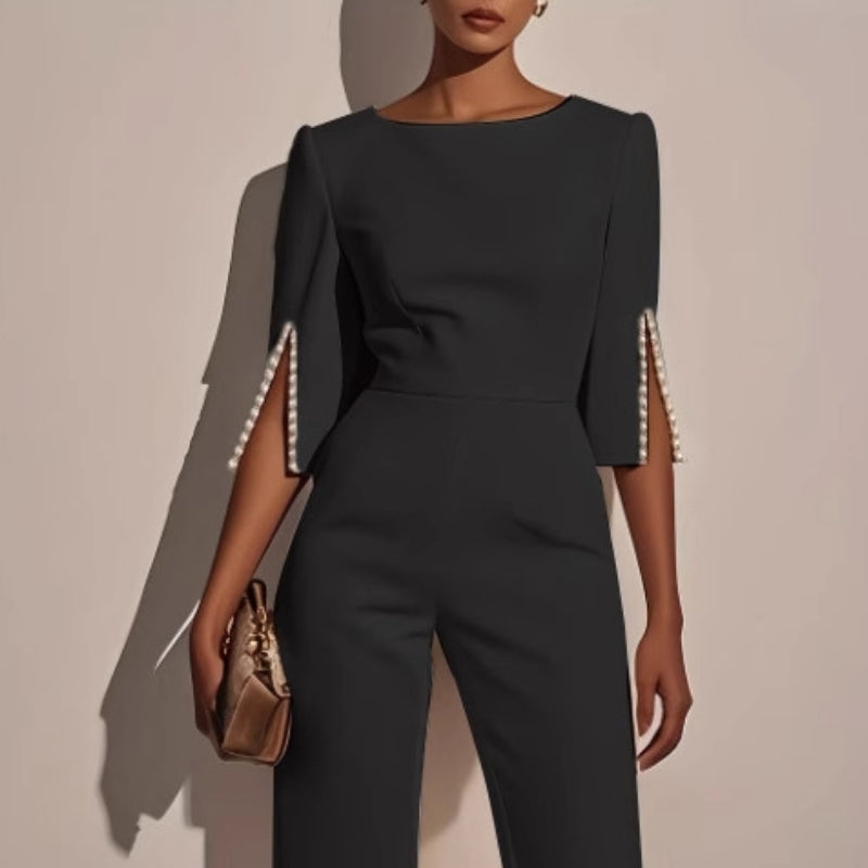 Women's wide leg jumpsuit with pearl split sleeve detail, relaxed fit in white pink black