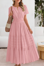 Women smocked midi dress short sleeve boho flowing skirt