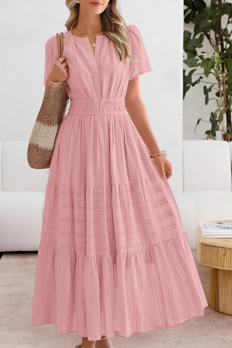 Women smocked midi dress short sleeve boho flowing skirt