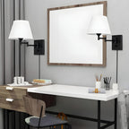 Swing arm wall lamp plug-in with linen shade and black iron frame, 1-light