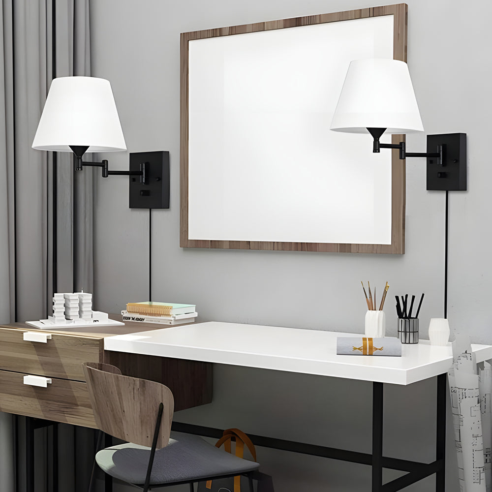 Swing arm wall lamp plug-in with linen shade and black iron frame, 1-light