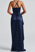 Women's navy blue ruched satin maxi dress with spaghetti straps and high side slit