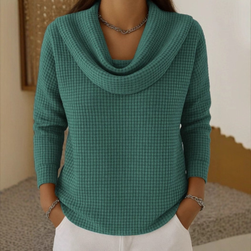 Women waffle knit sweater with waterfall neckline in multiple colours