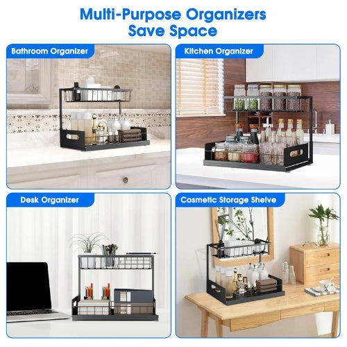 Under sink cabinet organizer 2-tier sliding black carbon steel L-shape