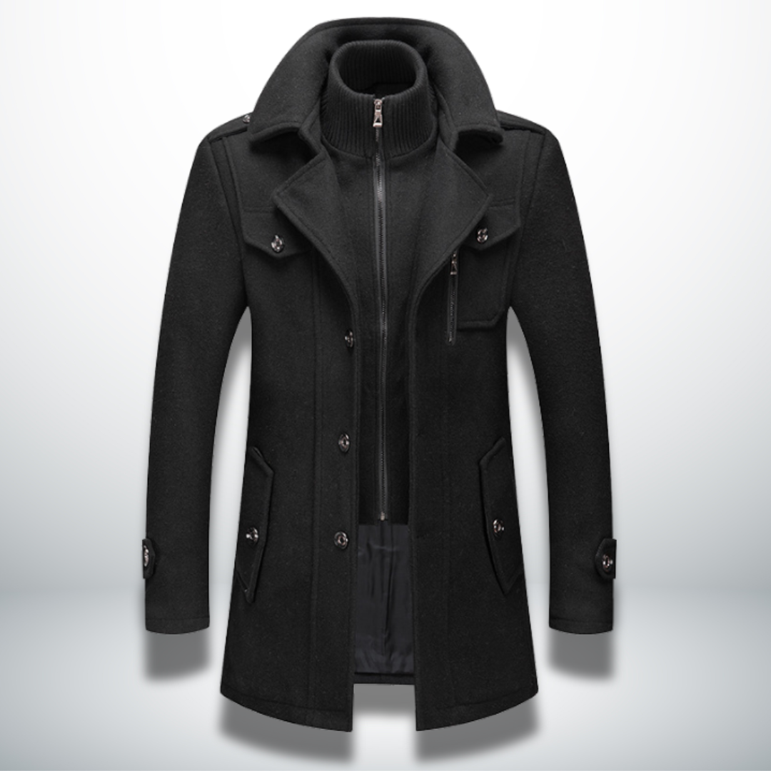 Men double breasted overcoat mid-length with zip-in bib and notch lapel