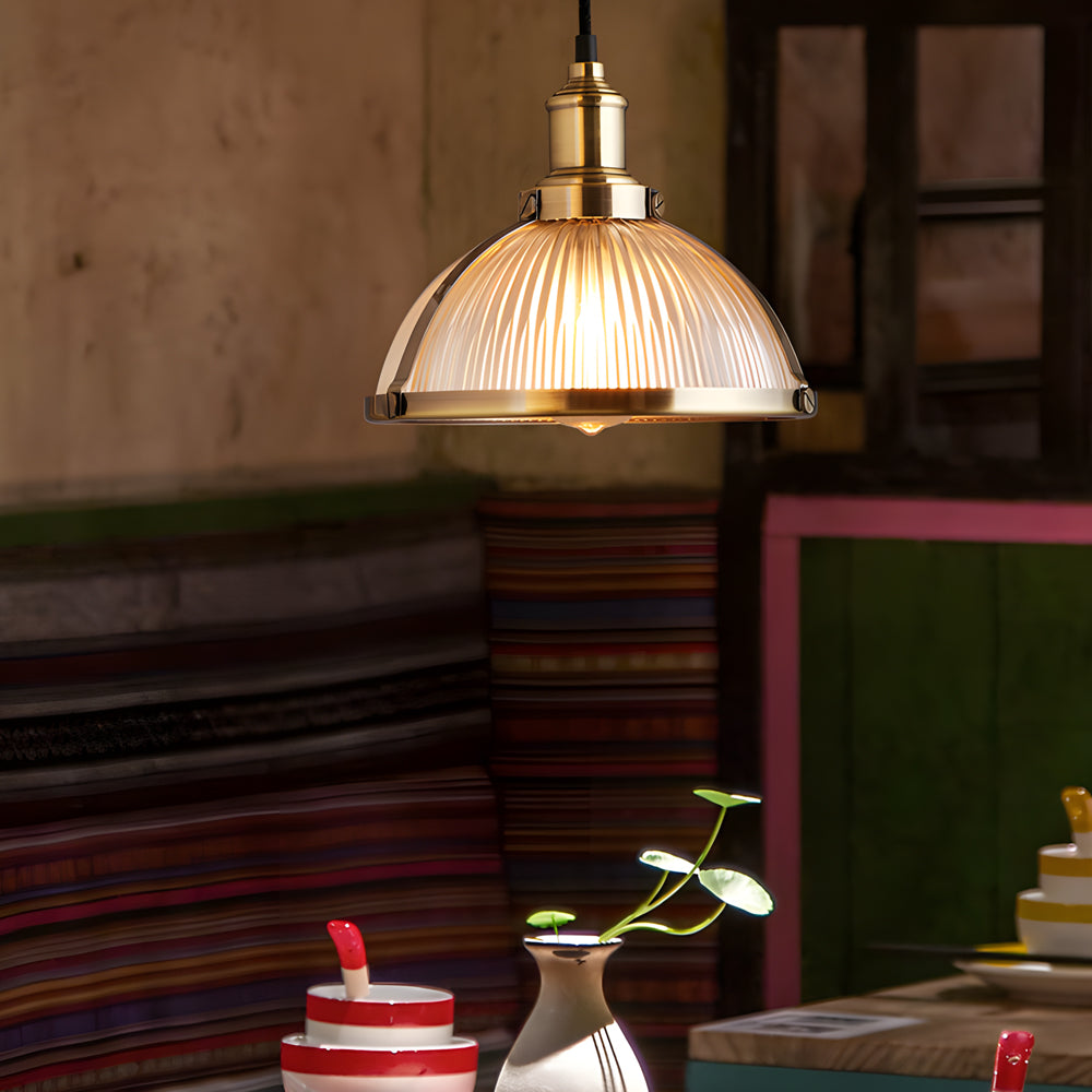 Retro pendant lamp with striped glass shade in chrome and bronze, 1-light hardwired ceiling fixture