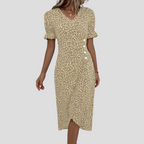 Women's floral midi dress with V-neck, puff sleeves and ruched waist, A-line summer style