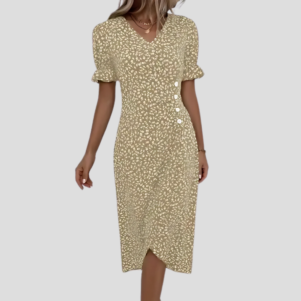 Women's floral midi dress with V-neck, puff sleeves and ruched waist, A-line summer style