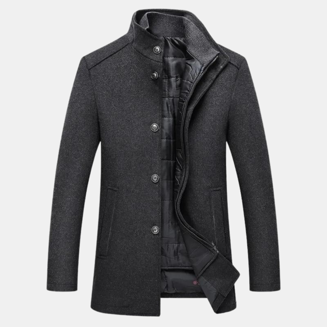 Men's wool coat with stand collar and quilted lining, autumn winter outerwear